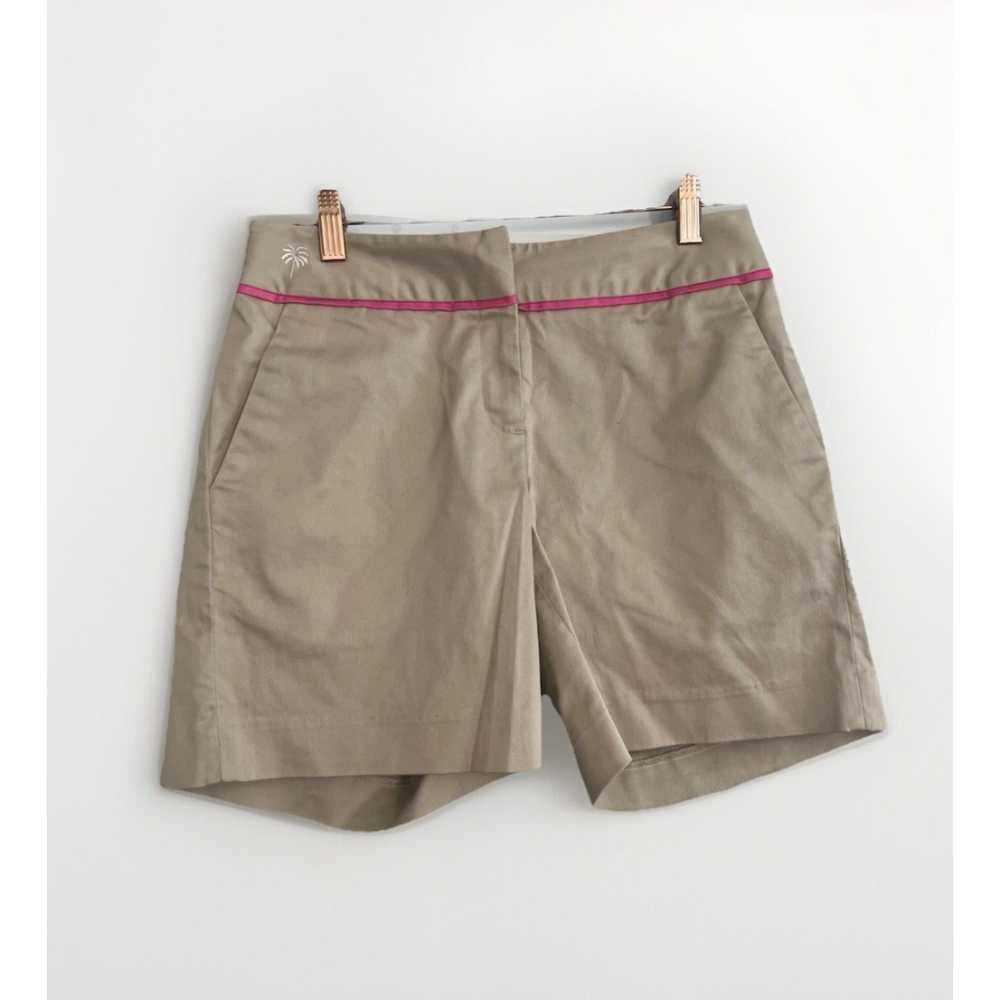 Lilly Pulitzer Pink Trim Chino Tan Flat Front Shorts Womens Size 2